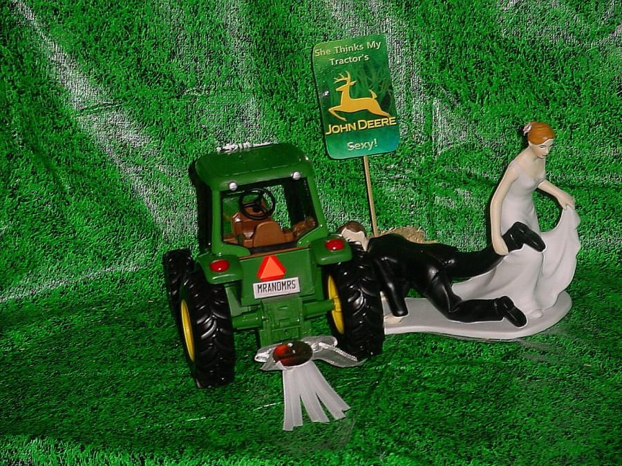 Hochzeit - Country Farm Green Yellow JD Fun Wedding Cake Topper-Bride Pulling Groom to Altar She thinks my John Deere Tractor Sexy