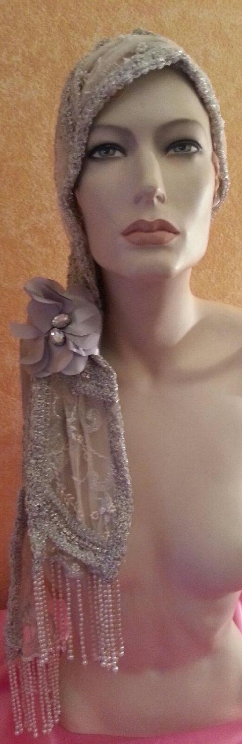 زفاف - Vintage Glam Gatsby Flapper Downton Abbey 20's Style Waterfall Pearl Sequin Silver flower Headwrap Headband Headpiece Wedding Bridal Costume