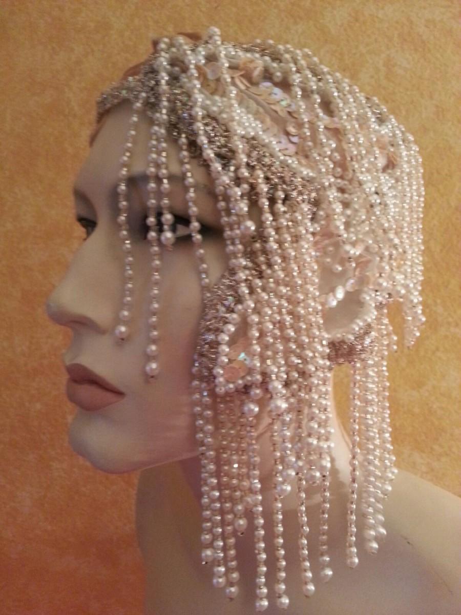 Mariage - Vintage Glam Gatsby Flapper Downton Abbey 20's Style Waterfall Pearl & Sequin Iridescent Silver Headband Headpiece Wedding Bridal Costume