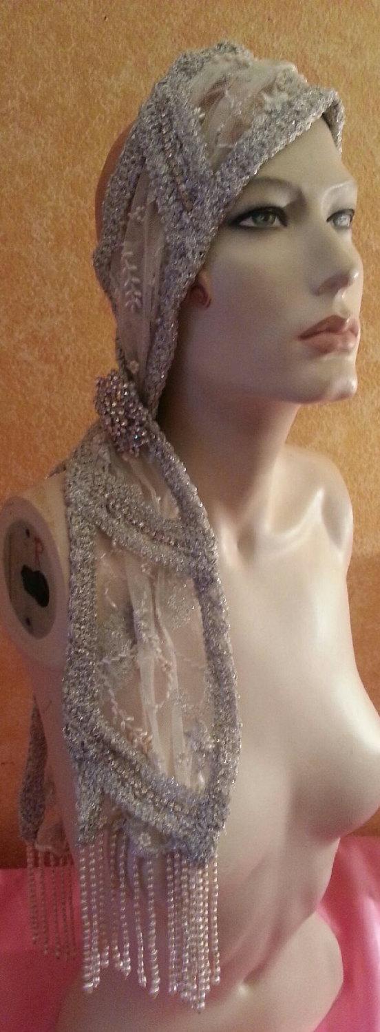 Mariage - Vintage Glam Gatsby Flapper Downton Abbey 20's Style Waterfall Pearl & Sequin Silver Headwrap Headband Headpiece Wedding Bridal Costume