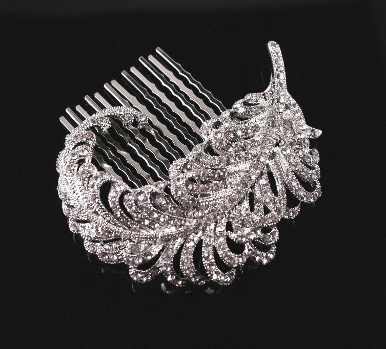Mariage - Bridal Brooch or Comb,  Wedding Head Piece,  Crystal Feather Hair Comb