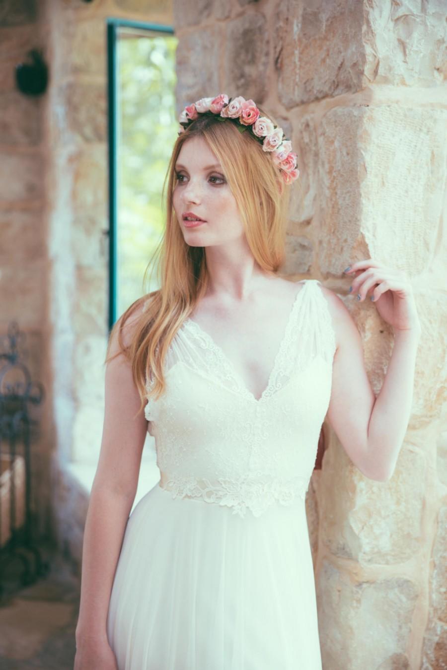 زفاف - Sophia - Romantic wedding dress with lace top and chiffon skirt, boho wedding dress, backless  wedding dress, beach wedding dress