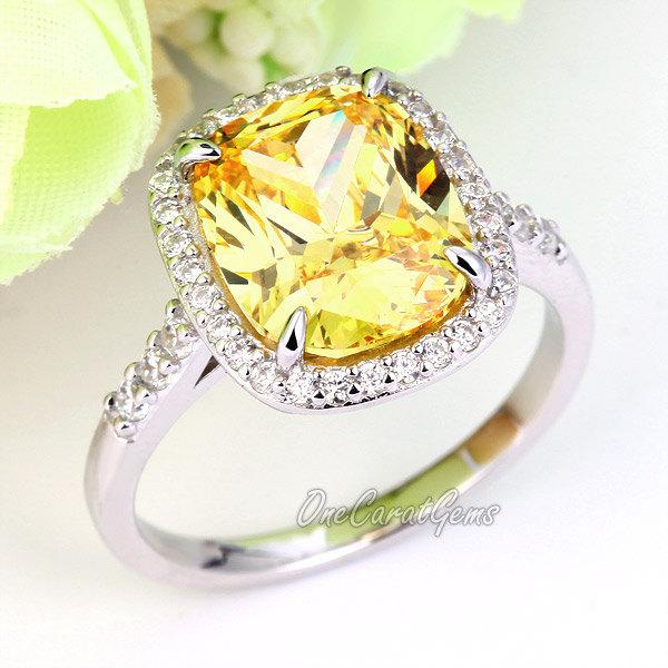 زفاف - Yellow Canary 6 Carat Ct Rectangle Cushion Cut Lab Made Diamond Halo 925 Sterling Silver Wedding Bridal Engagement Ring