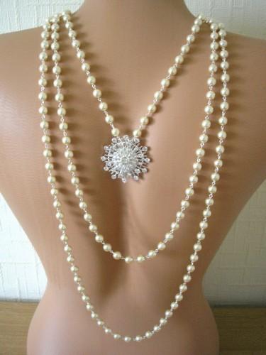 Wedding - Handmade Great Gatsby Style Long Pearl Bridal Backdrop Necklace
