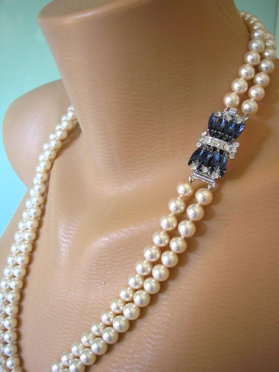 Hochzeit - Vintage 2-Strand Pearl and Sapphire Rhinestone Bridal Necklace.