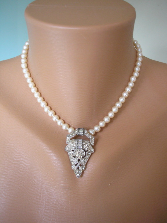Mariage - Handmade Repurposed Vintage Art Deco Style Single Strand Pearl and Rhinestone Choker Necklace