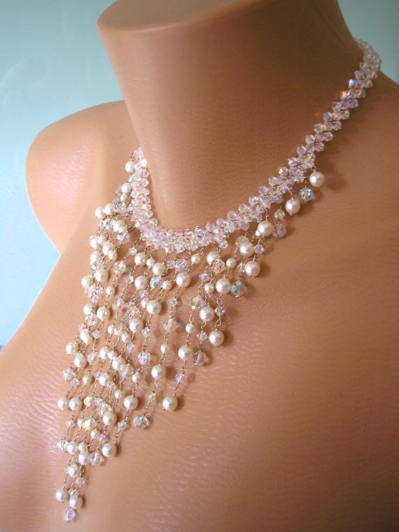 Hochzeit - Vintage Pearl and Crystal Bridal Waterfall Necklace