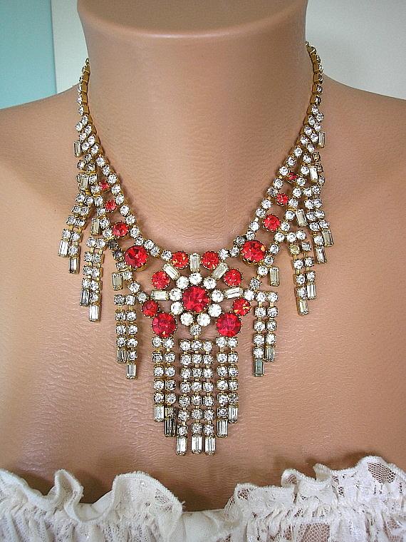 Wedding - Vintage Great Gatsby Style Red and Clear Rhinestone Bridal Choker Necklace