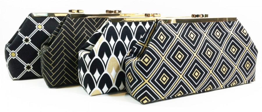 Wedding - Black Gold White Bridesmaids Clutches, Wedding Accessory, Bridal Clutch - Clasp Frame Purses Set of 6 Metallic Gold FREE SHIPPING