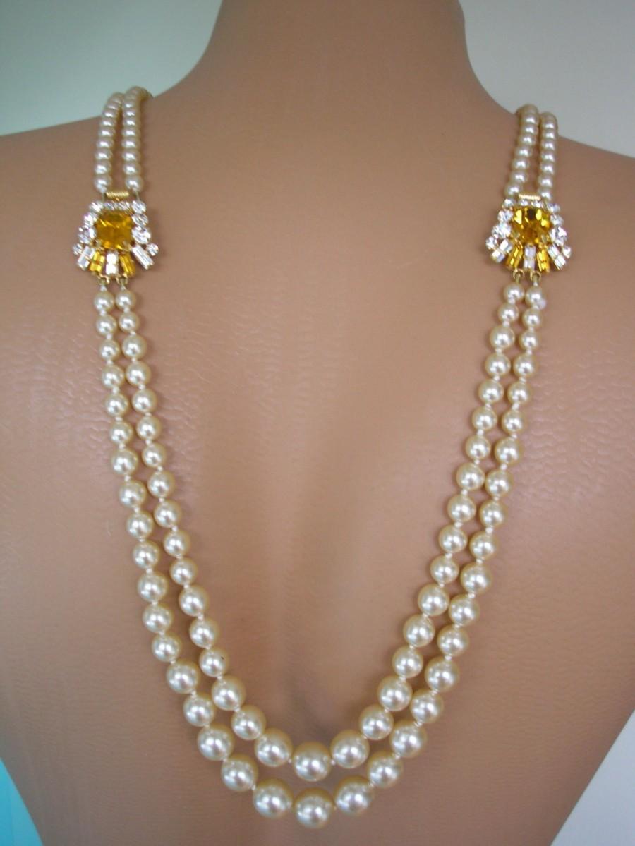 Hochzeit - Citrine Rhinestone and Pearl Bridal Backdrop Necklace (also available in purple and pink versions)