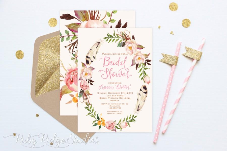 زفاف - Printable Bridal Shower Invitation, Bohemian Blush Watercolor Floral, Peonies, Pink Gold, Hens Party, Kitchen Tea, DIY Printable Invitations