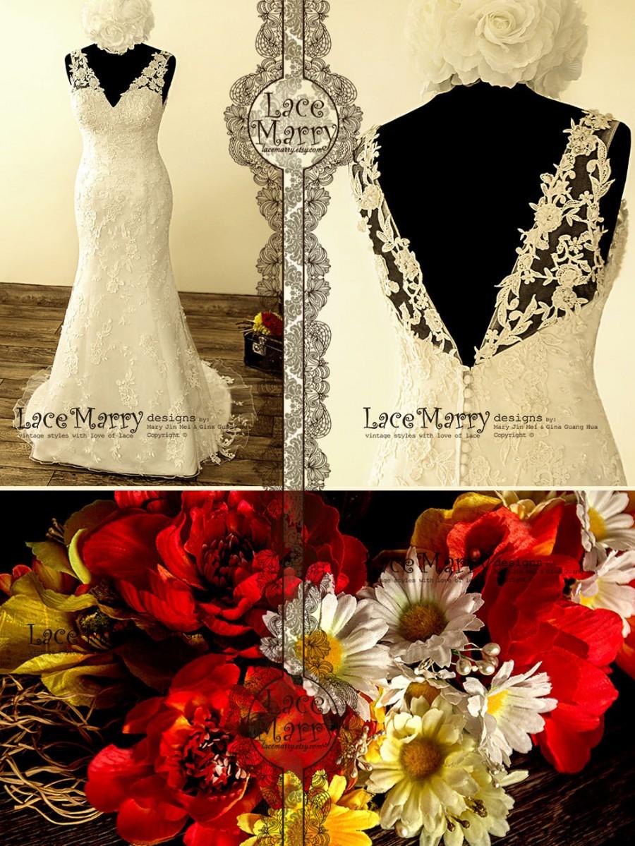 زفاف - Magical Hand-Beaded Flower Appliqué Lace Wedding Dress with Deep V-Cut Back and Alluring V-Neckline Featuring Satin Buttons and Sweep Train