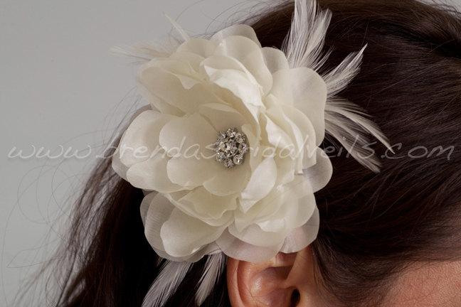 Hochzeit - Silk Bridal Flower with Soft Feathers and Crystal Rhinestone Center, Wedding Flower - Liv