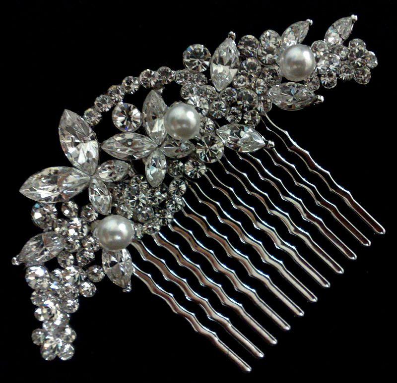Wedding - Vines Bridal Hair Comb, Swarovski Crystal Headpiece, Pearl Hair Comb, Floral Hair Jewelry, CLEO