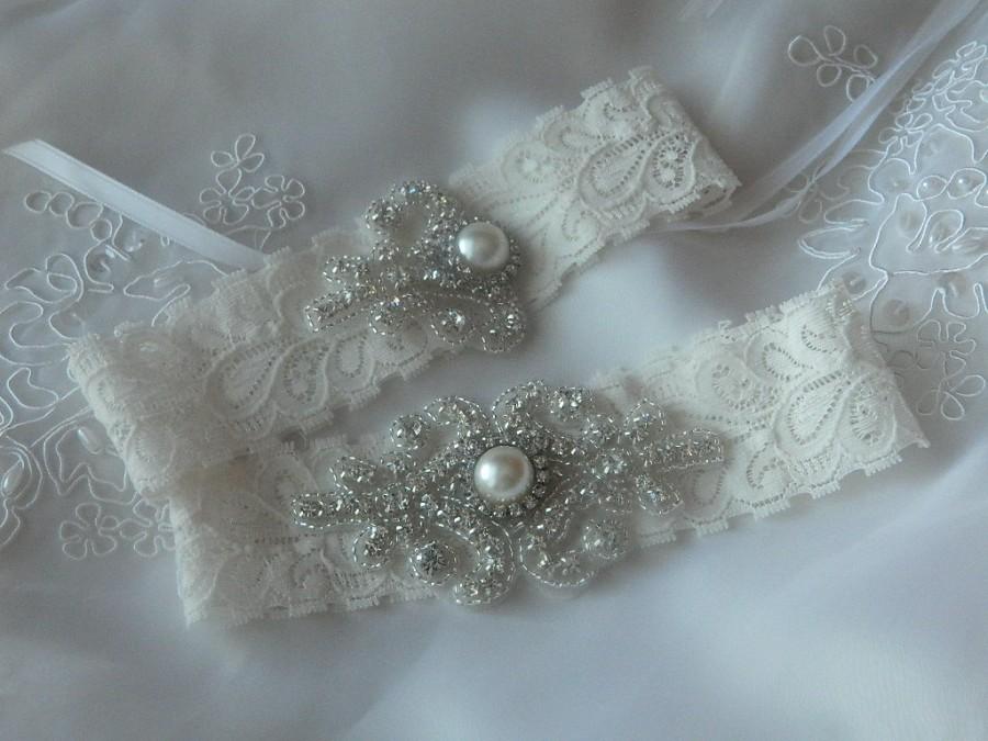 Hochzeit - Wedding Garter Set, Bridal Garter Set, Vintage Wedding, Ivory Lace Garter, Crystal Garter Set