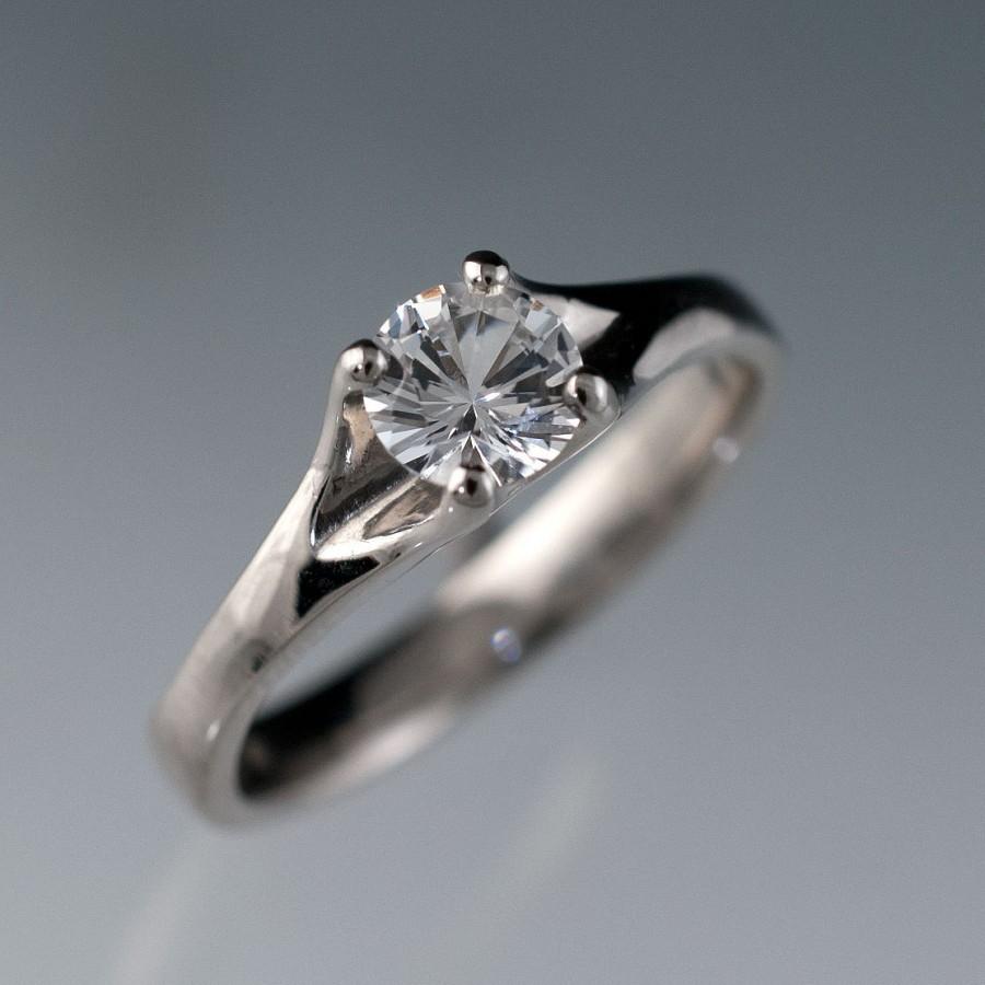 زفاف - Round White Sapphire Four Prong Set Engagement Ring in Palladium, White Gold, Rose Gold or Yellow Gold, diamond alternative ring
