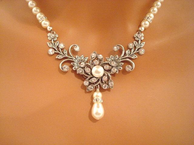 Wedding - Bridal necklace, Pearl Wedding necklace, Wedding jewelry, Vintage style necklace, Bridal jewelry, Swarovski necklace, Crystal necklace, AVA