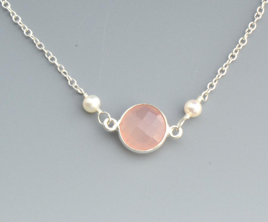 Mariage - Wedding Jewelry - Bezel Set Rose Quartz Necklace with Freshwater Pearls - Sterling Silver Necklace - Bridesmaid gift  - Gemstone Necklace