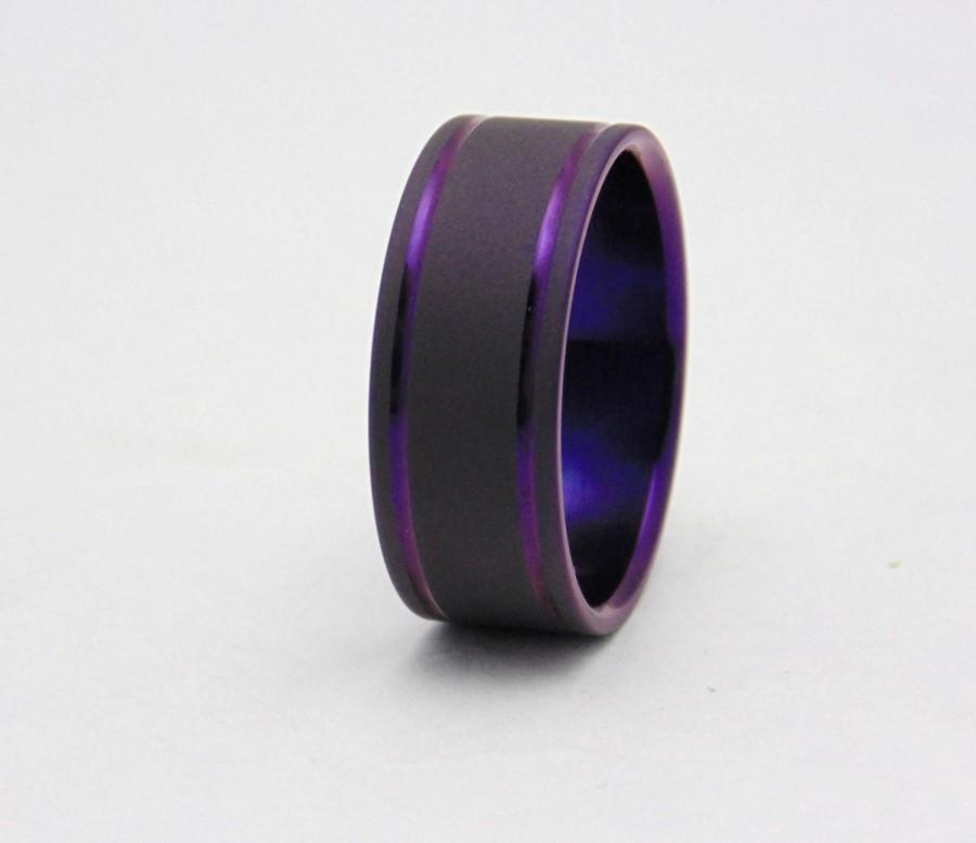 Wedding - Titanium ring  with double plum crazy purple pinstripes,  Handmade titanium wedding band