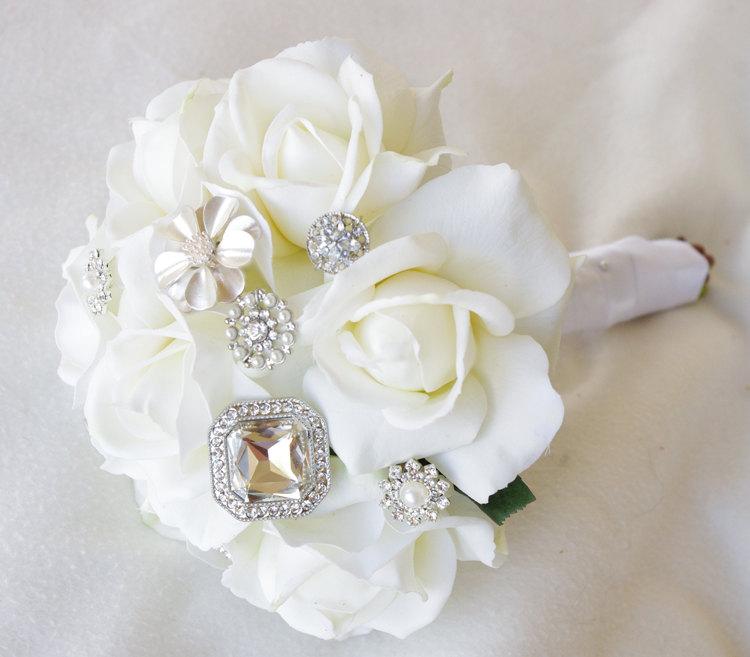 Свадьба - Silk Brooch Wedding Bouquet - Natural Touch Roses and Brooch Jewel Small Bride Bouquet - Rhinestones