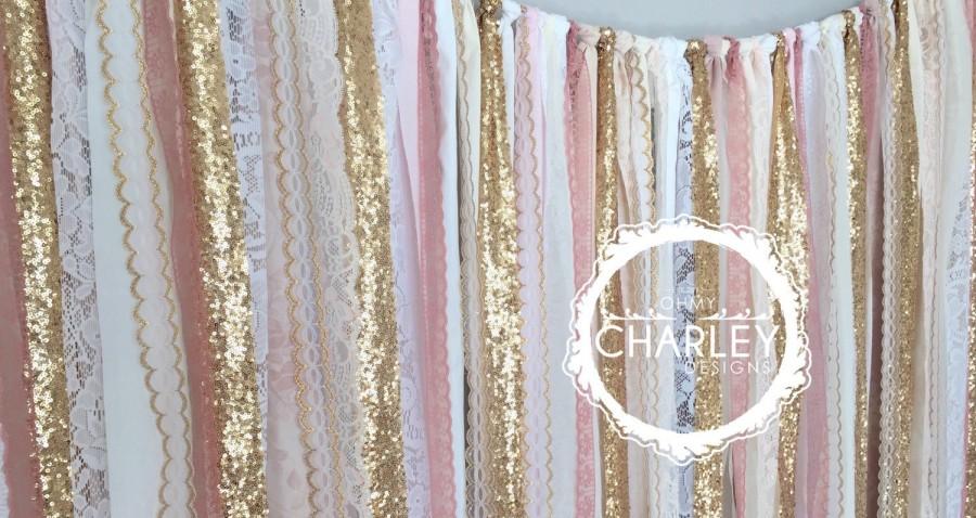 Hochzeit - Pink & Gold Sparkle Sequin Fabric Backdrop with Lace - Wedding Garland, Photo Prop, Curtain, Baby Shower, Crib Garland
