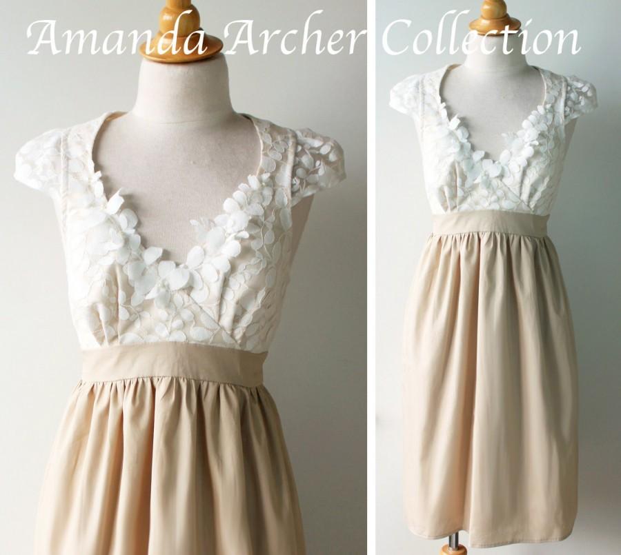 Wedding - Beige and Ivory Lace Dress with pockets, cotton with pockets