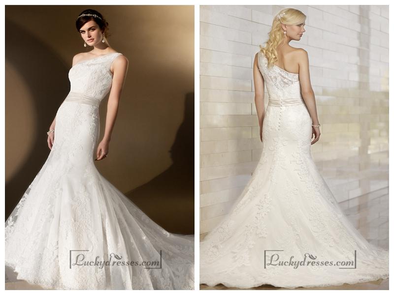 Wedding - Elegant Asymmetrical One-shoulder Trumpet Lace Wedding Dresses
