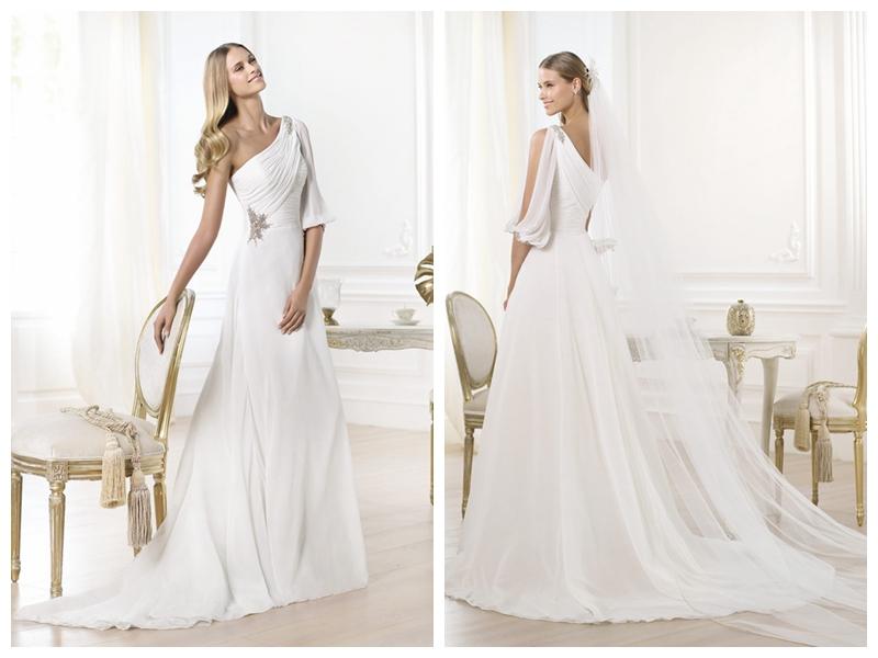 Wedding - Stunning One-shoulder Draped A-line Wedding Dress with Opened Shoulder-length Sleeve
