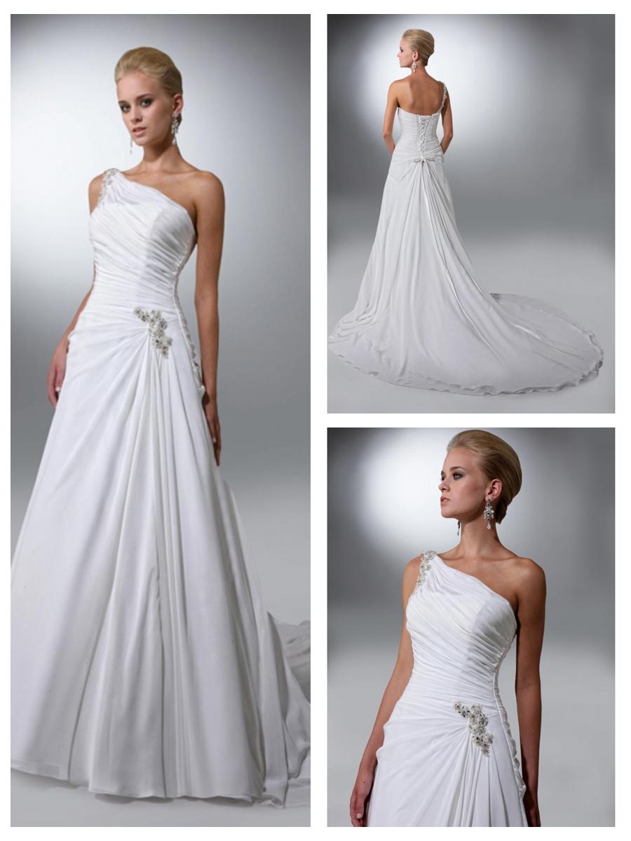 Свадьба - Chiffon One-Shoulder Applique Beading Chapel Train A-Line Wedding Dress
