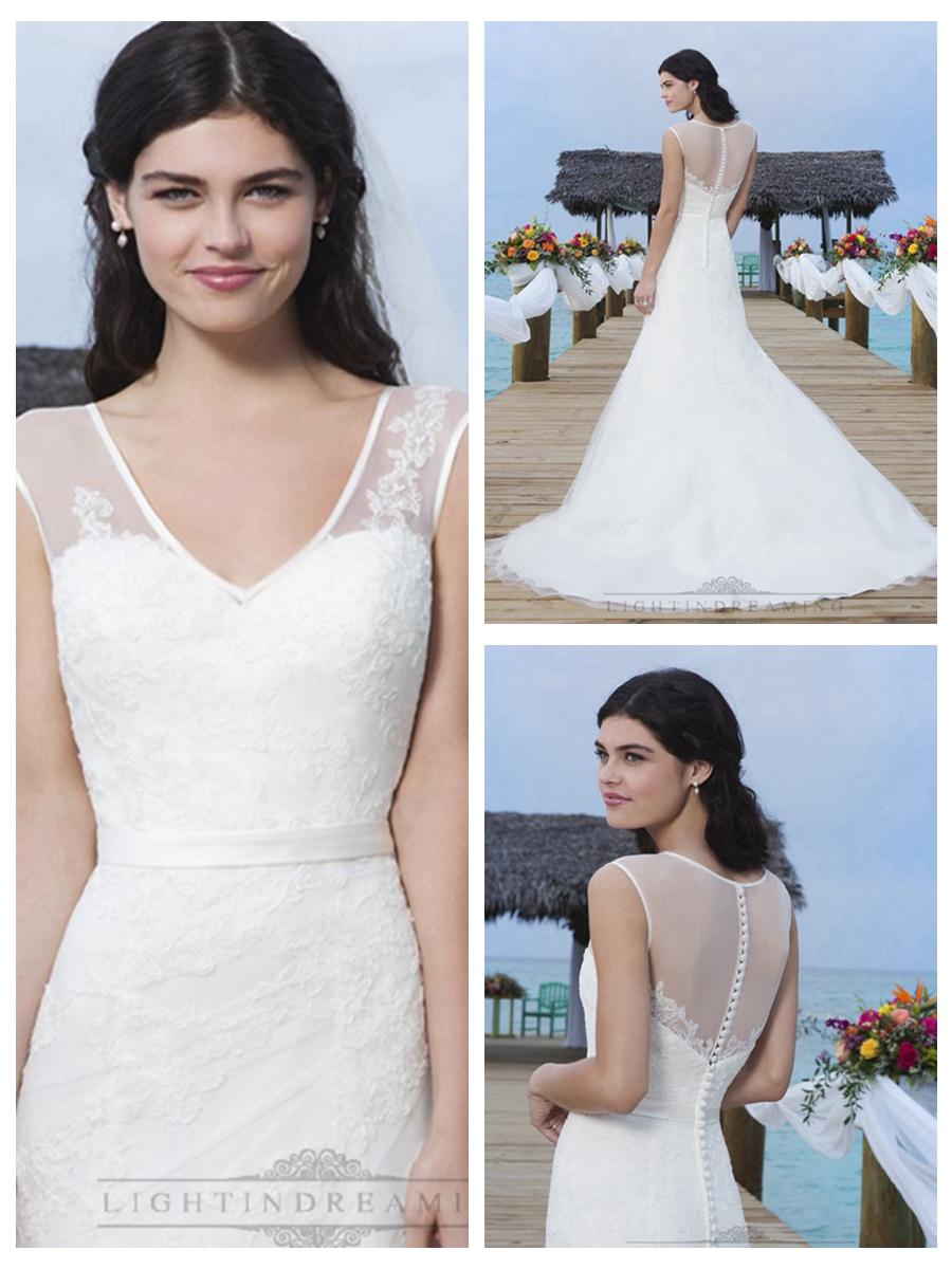 Wedding - Lace Appliques And Satin Trim On Sheer V-Tank Asymmetrically Draped Tulle Wedding Gown