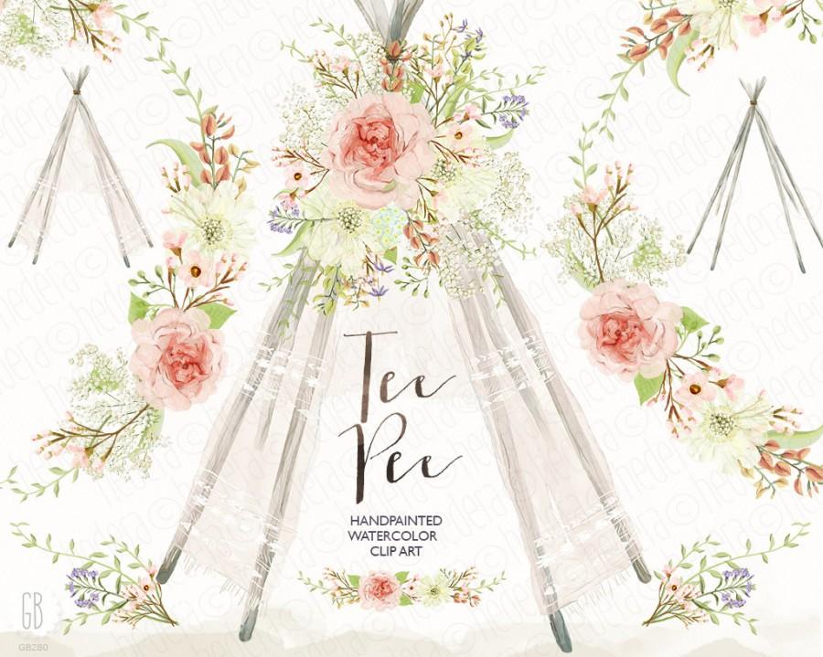Mariage - Watercolor pastel teepee wild boho wedding flowers floral wreath destination party beach tribal pow wow, clip art instatn download GB280