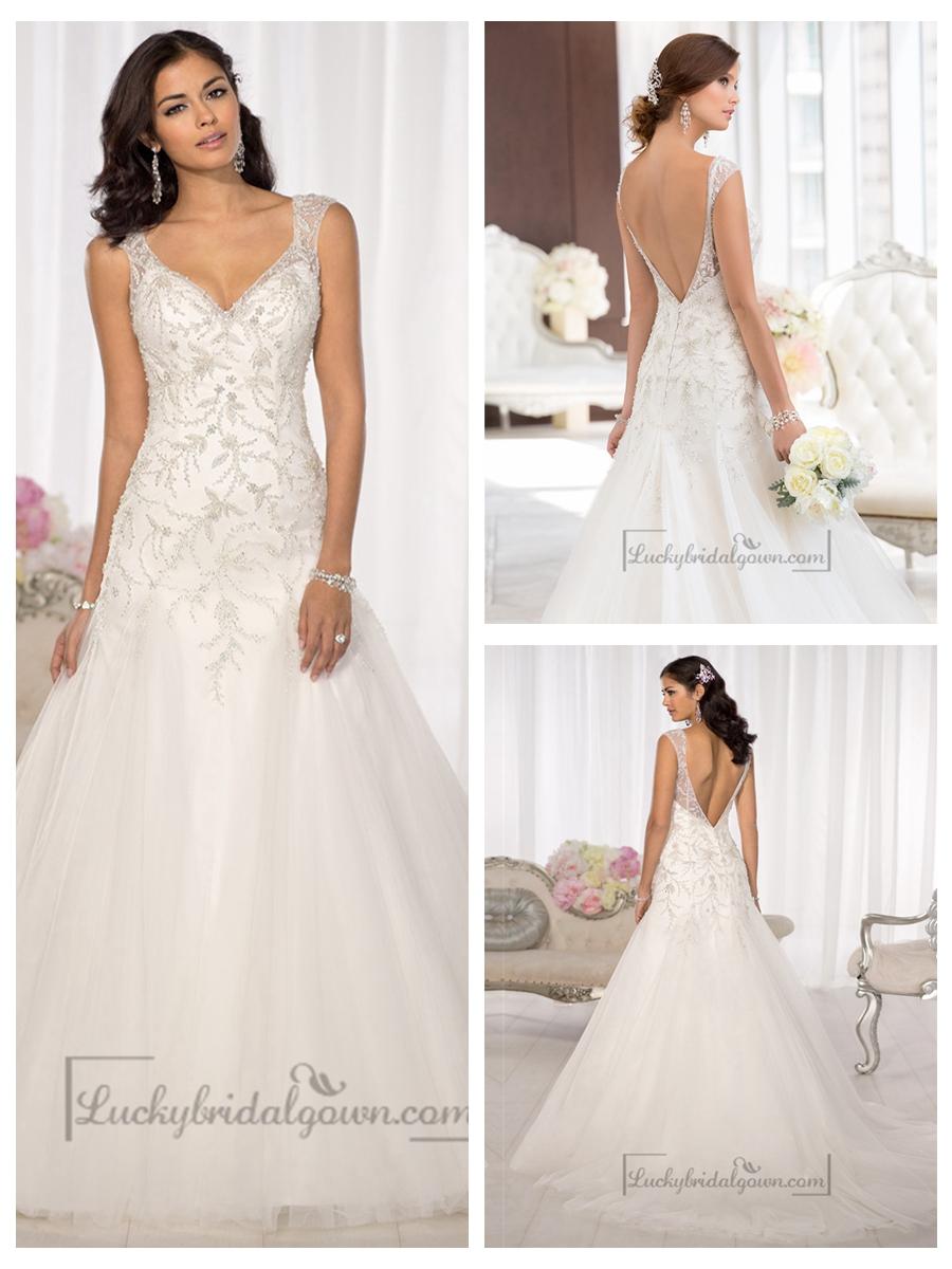 Mariage - Elegant Beaded Cap Sleeves Sweetheart Embellished Wedding Dresses with Low V-back
