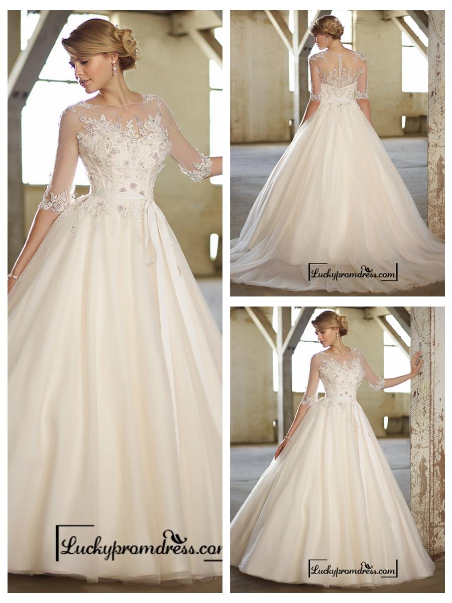 Hochzeit - Illusion Boat Neckline Three-Quarter Sleeves Embellished Wedding Dresses