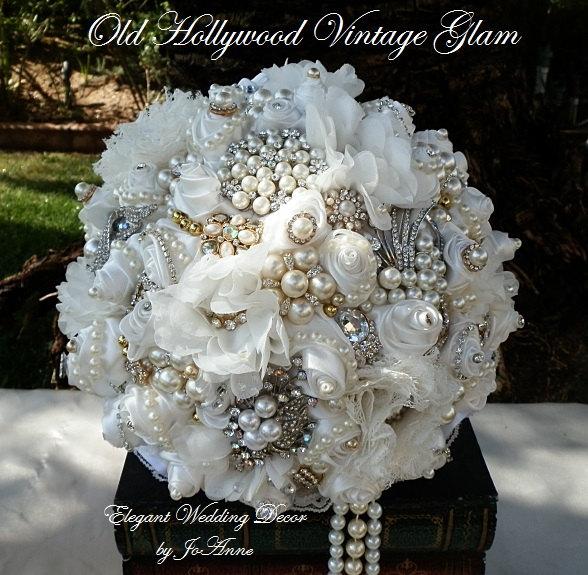 Hochzeit - GATSBY THEMED BOUQUET,Deposit for a Vintage Style Brooch Bouquet, Off White Bouquet, Brooch Bouquet, Gold and Silver Jeweled Bouquet