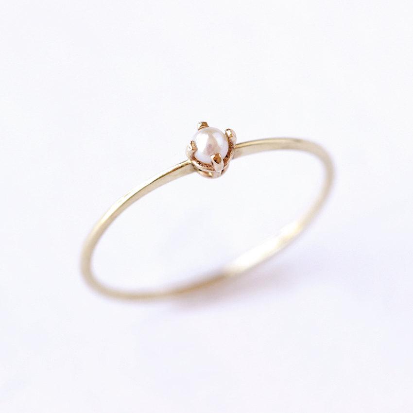 زفاف - Gold Pearl Ring - Thin Gold Ring - 14 Solid Gold