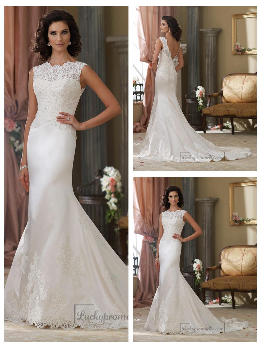 زفاف - Cap Sleeves A-line Illusion Bateau Neckline Wedding Dresses with Deep V-back