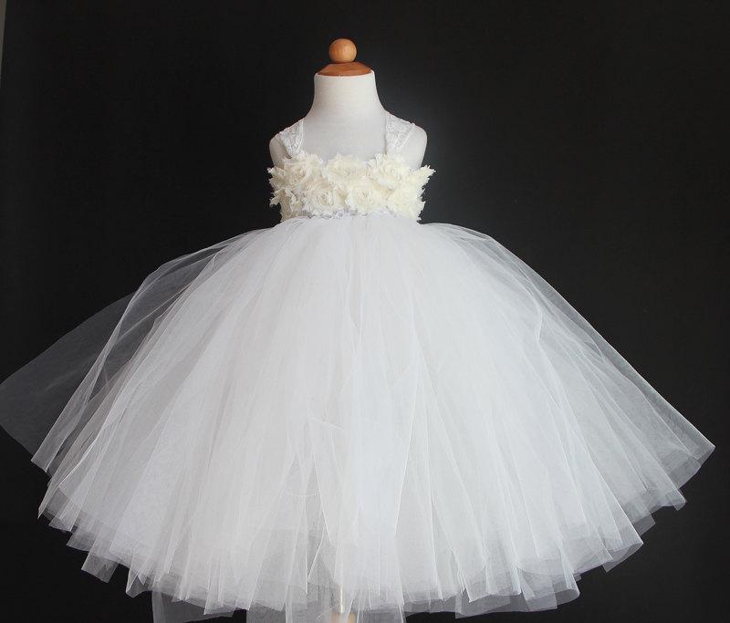 Hochzeit - Ivory Flower Girl Dress Girl Tutu Dress Shabby Flowers Dress Tulle Dress Wedding Dress Birthday Dress Toddler Tutu Dress