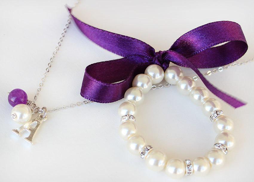 Hochzeit - Personalised flower girl necklace flower girl jewelry pearl bracelet necklace purple ribbon rondelles wedding gift junior bridesmaid