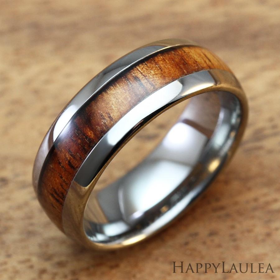 زفاف - Tungsten Carbide Ring with Koa Wood Inlay (8mm width, barrel style)