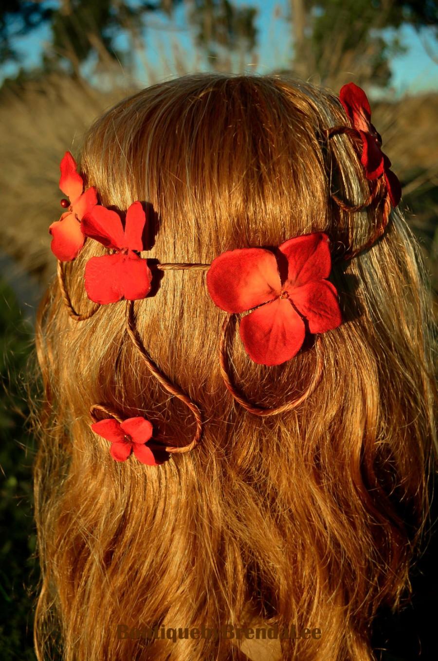 زفاف - BRENDA LEE Red hydrangea head wreath/twig bridal garland/whimsical/bride/bridesmaid/girl/floral/crown/circlet/halo/crown/fall back/cascade