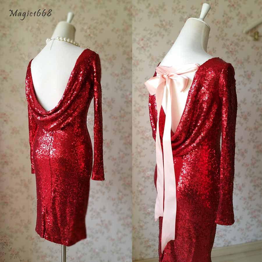 Wedding - Fashion Red Sequin Dress. Sexy Holiday Dress. Wine Red Sequin Gown, Red Wedding Dress. Open Back Long Sleeve Sequin Dress. Burgundy Dress