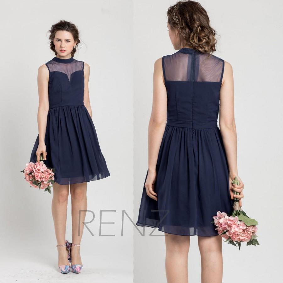 Свадьба - 2015 Navy Blue Bridesmaid dress, Short Cocktail dress, Short Wedding dress, High neck Chiffon Party dress, Formal dress knee length (F012A)