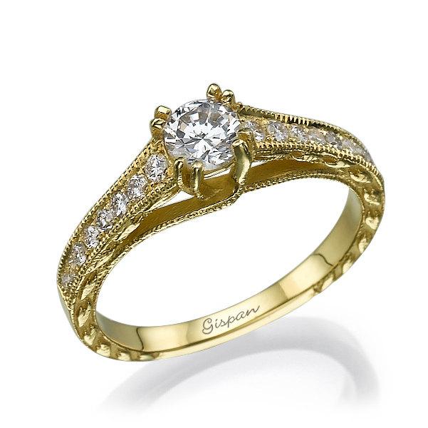 Wedding - Unique Engagement Ring 14K Yellow Gold, Diamond Engagement Ring, Milgrain Ring, Art Deco Ring, Solitaire engagement ring, Prong Setting Ring