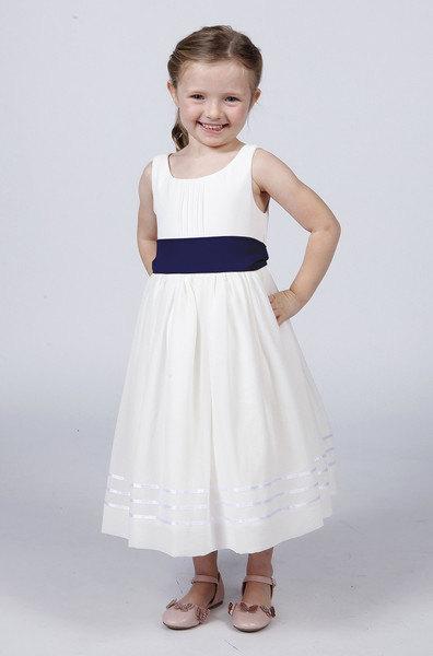 Wedding - White Flower Girl Dress available with Navy Blue Sash To Match Your Bridesmaid