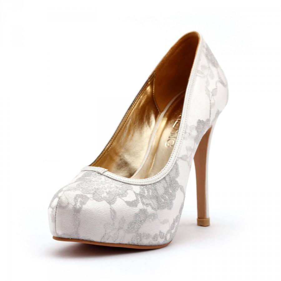 زفاف - Lady Romance, Ivory Closed Toe Wedding Heels, White Wedding Shoes with Lace, Cover Toe White Wedding Heels, Silver Lace Toe Pump Bridal Heel