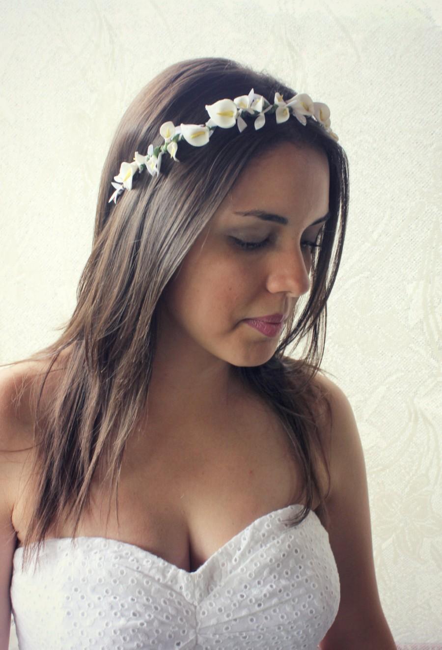 Hochzeit - Calla Lilies Floral crown, Wedding Flower Crown, Woodland, White Flower, floral crown, Wedding. Spring, Boho, Bridal, Summer