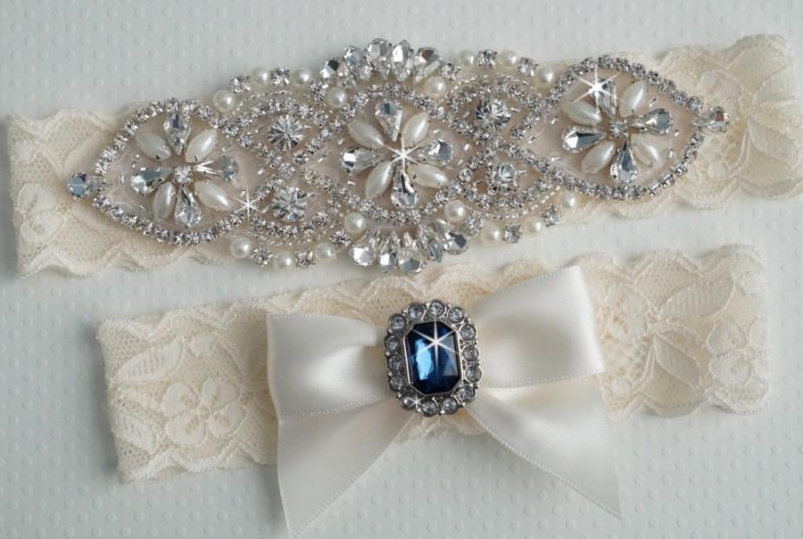 Hochzeit - MIA Style A - Bridal Garter, Wedding Garter Set, Stretch Lace Garter, Rhinestone Crystal Bridal Garter