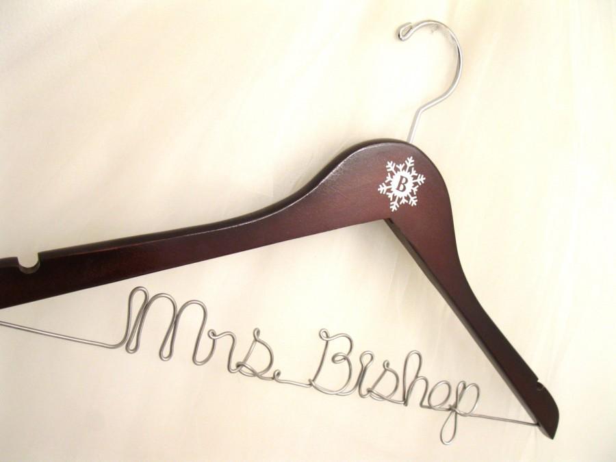 Wedding - Snowflake Wedding Dress Bridal Hanger Personalized with Wire Name and Monogram Initials for Winter Wedding - Dark Wooden Hanger Shown