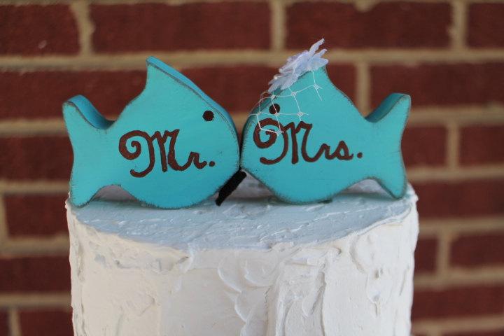 Wedding - Kissing fish distressed wood cake toppers. Mr & Mrs. Turquoise or choose your colors. beach wedding.