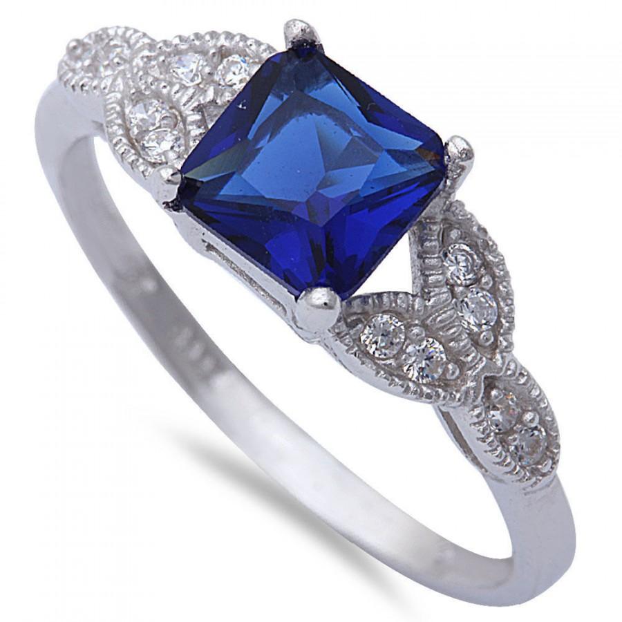 Hochzeit - Vintage Wedding Engagement Ring Solitaire Accent 1.24CT Princess Cut Square Deep Blue Sapphire Round Clear CZ Solid 925 Sterling Silver